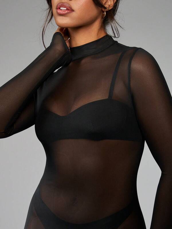 MISSGUIDED Elegant Long Sleeve Sheer Mesh High Neck Bodycon Long Dress
