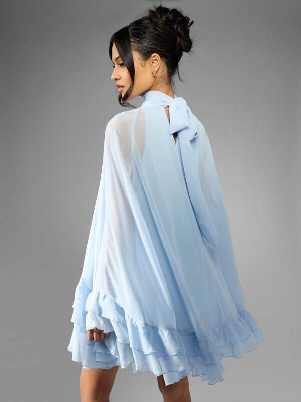 MISSGUIDED Elegant Mini Dress Ruffled Tiered Flutter Sleeve Statement High Neck