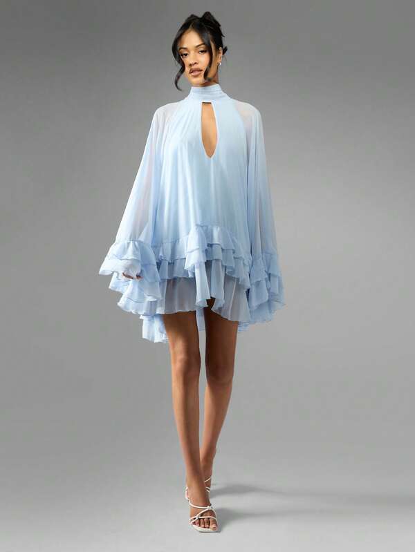 MISSGUIDED Elegant Mini Dress Ruffled Tiered Flutter Sleeve Statement High Neck