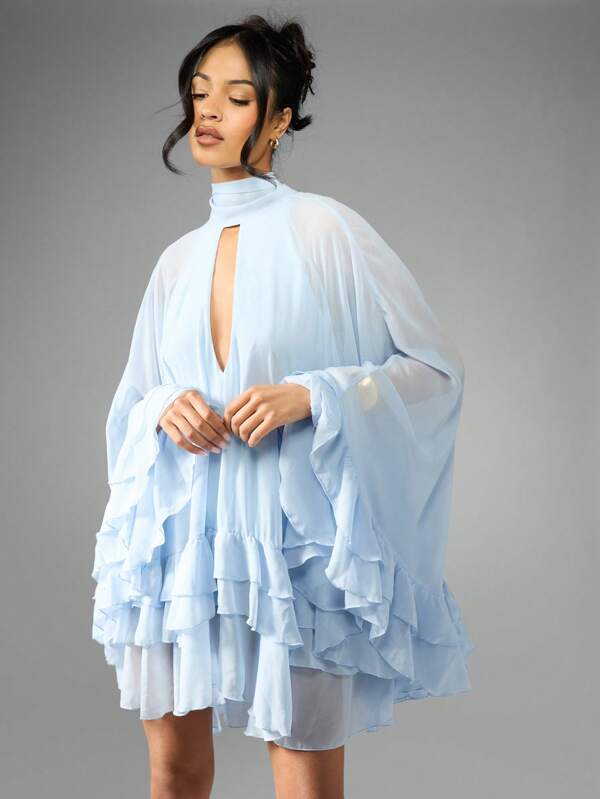 MISSGUIDED Elegant Mini Dress Ruffled Tiered Flutter Sleeve Statement High Neck