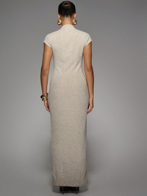 MISSGUIDED Elegant Mock Neck Button-Front Side Slit Cap Sleeve Maxi Dress