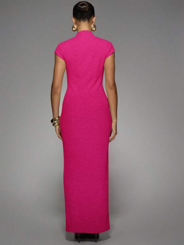 MISSGUIDED Elegant Mock Neck Cap Sleeve Button Front Side Slit Maxi Dress