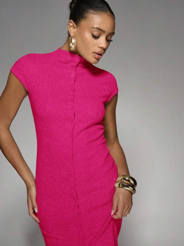 MISSGUIDED Elegant Mock Neck Cap Sleeve Button Front Side Slit Maxi Dress