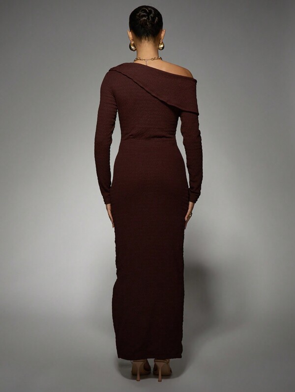 MISSGUIDED Elegant Off-Shoulder Asymmetric Knot Bodycon Long Sleeve Maxi Dress
