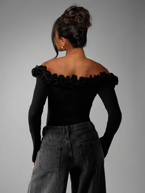 MISSGUIDED Elegant Off Shoulder Bodysuit With Long Sleeves And Ruffled Neckline