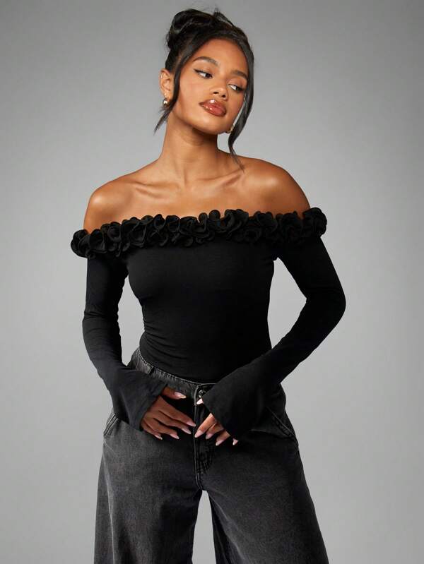 MISSGUIDED Elegant Off Shoulder Bodysuit With Long Sleeves And Ruffled Neckline