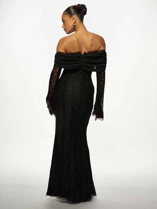 MISSGUIDED Elegant Off-Shoulder Lace Long Sleeve Black Mermaid Maxi Dress