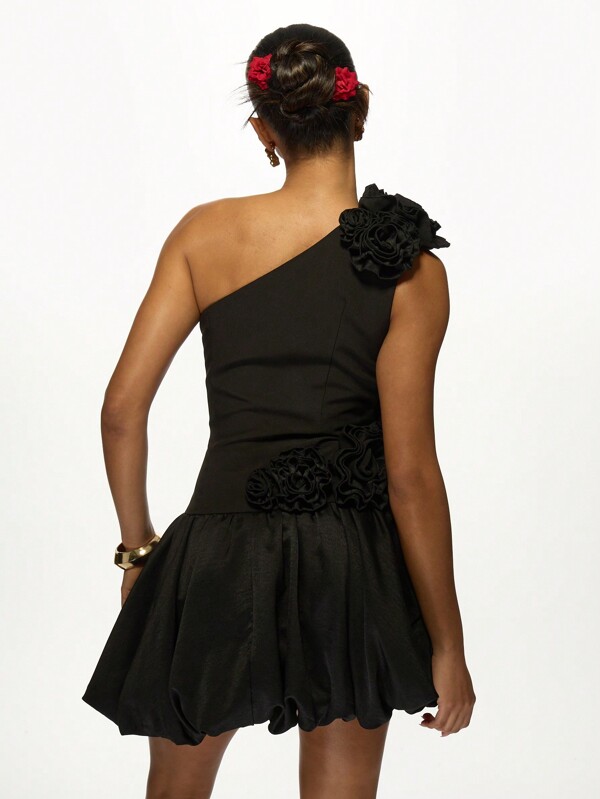 MISSGUIDED Elegant One Shoulder Mini Dress With Floral Appliques Bubble Hem