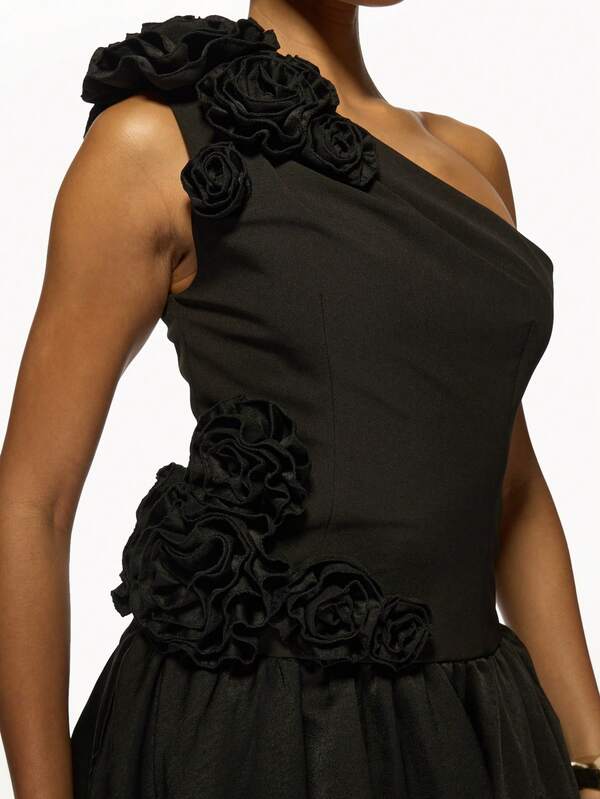 MISSGUIDED Elegant One Shoulder Mini Dress With Floral Appliques Bubble Hem