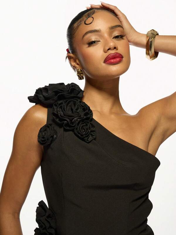 MISSGUIDED Elegant One Shoulder Mini Dress With Floral Appliques Bubble Hem