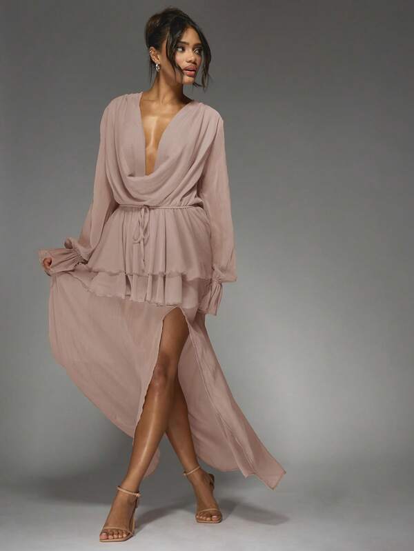 MISSGUIDED Elegant Pleated Chiffon Cowl Neck Maxi Dress