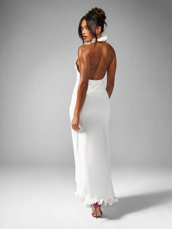 MISSGUIDED Elegant Ruffle Halter Neck Maxi Dress With Split Floor Length