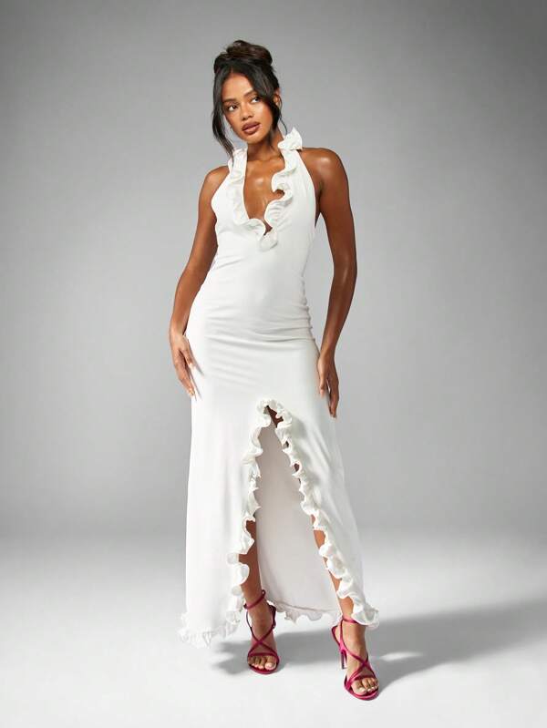 MISSGUIDED Elegant Ruffle Halter Neck Maxi Dress With Split Floor Length
