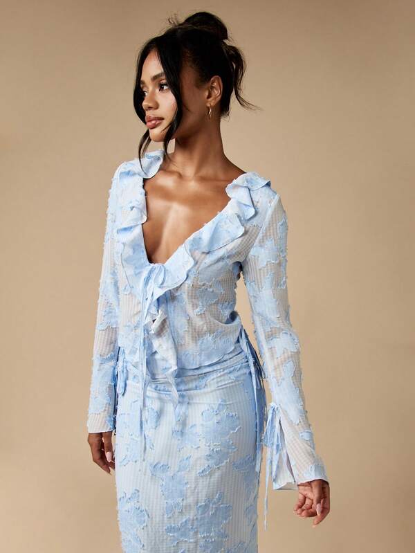 MISSGUIDED Elegant Ruffle Trim Long Sleeve Maxi Gingham Two Piece Set