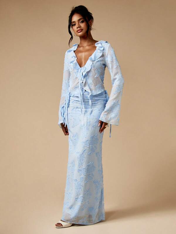 MISSGUIDED Elegant Ruffle Trim Long Sleeve Maxi Gingham Two Piece Set