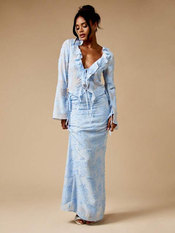 MISSGUIDED Elegant Ruffle Trim Long Sleeve Maxi Gingham Two Piece Set