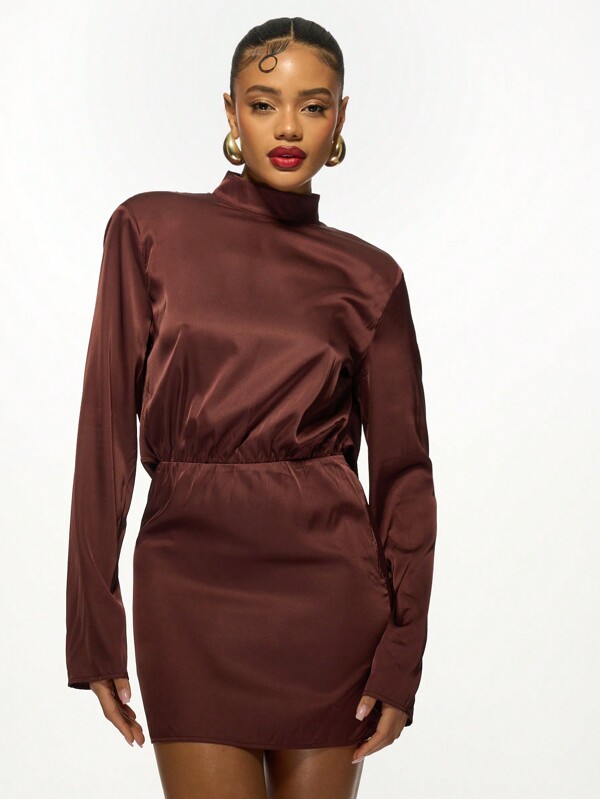 MISSGUIDED Elegant Satin Backless Turtleneck Mini Dress