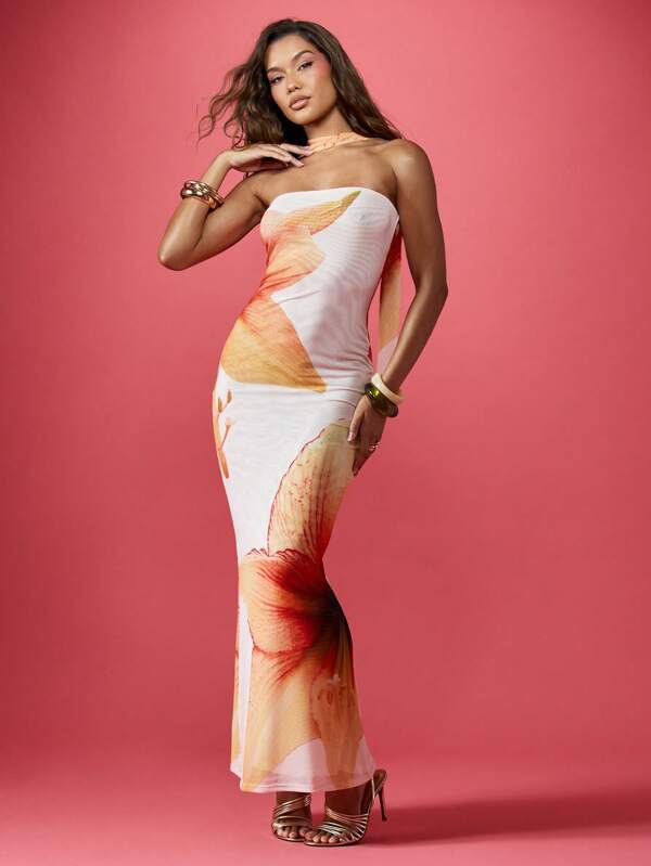MISSGUIDED Elegant Strapless Watercolor Print Maxi Dress
