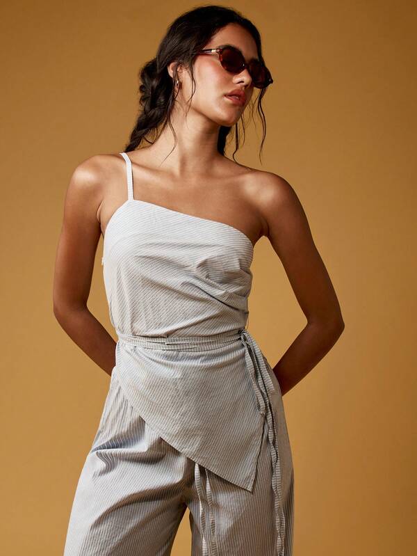 MISSGUIDED Elegant Striped One Shoulder Wrap Wide Leg Co-Ord Two-Piece Outfit