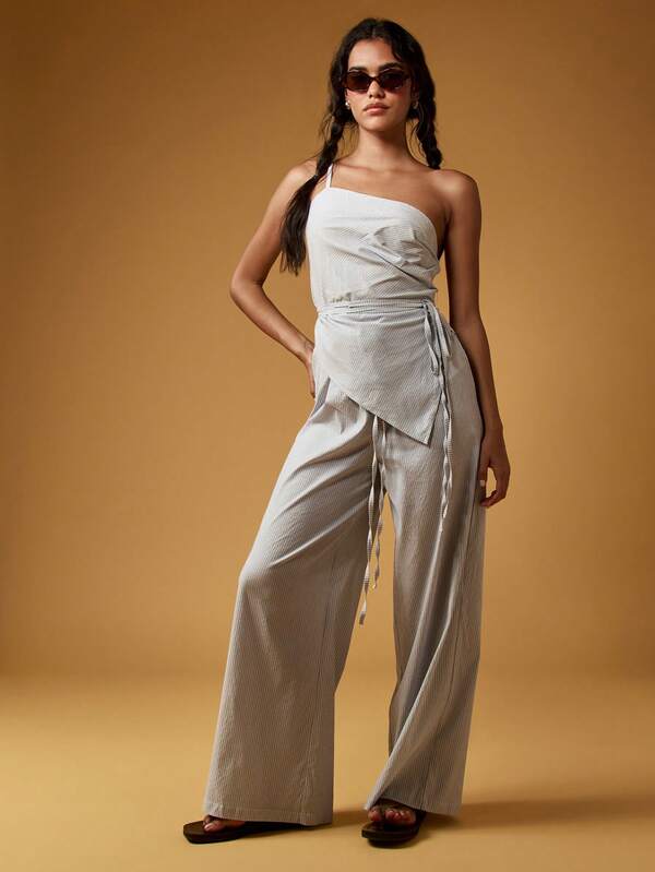 MISSGUIDED Elegant Striped One Shoulder Wrap Wide Leg Co-Ord Two-Piece Outfit