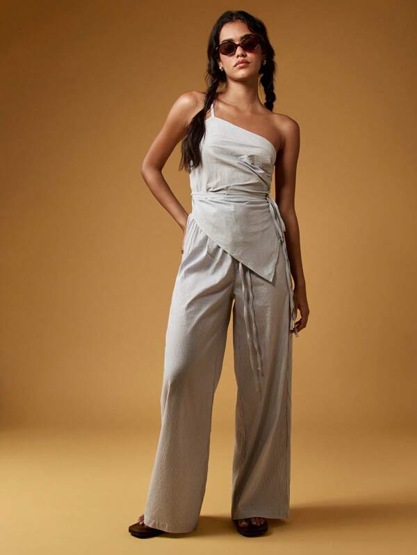 MISSGUIDED Elegant Striped One Shoulder Wrap Wide Leg Co-Ord Two-Piece Outfit