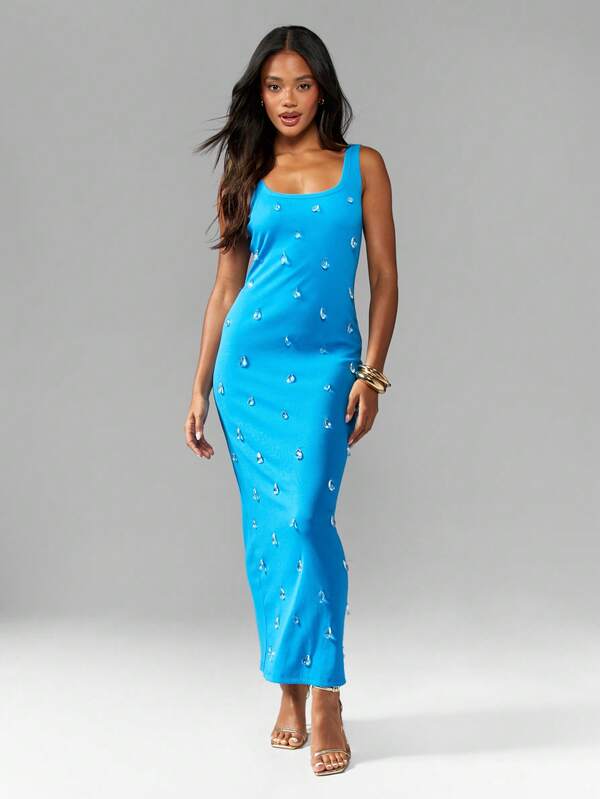 MISSGUIDED Embellished Bodycon Midi Dress Crystal Beading Sparkle