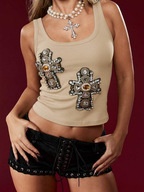 MISSGUIDED Embellished Cross Patch Tank Top
