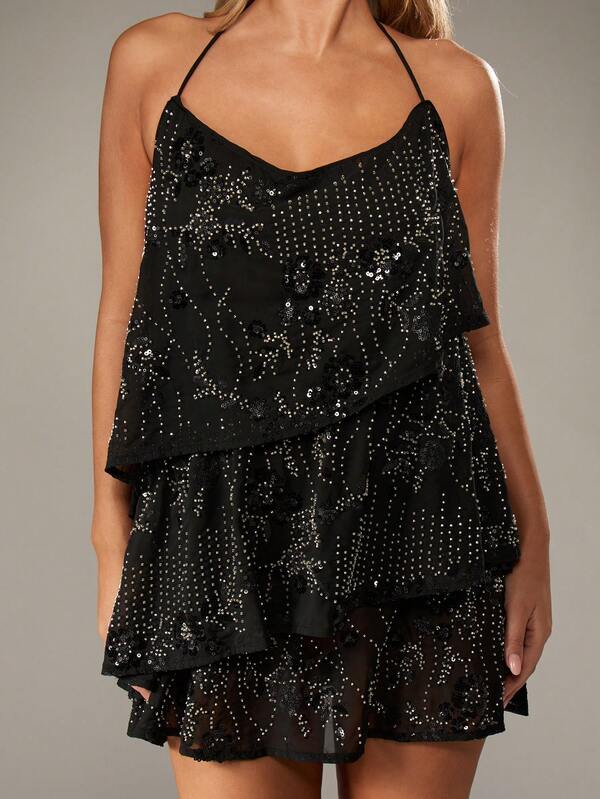 MISSGUIDED Embellished Halter Mini Dress With Ruffle Tiers