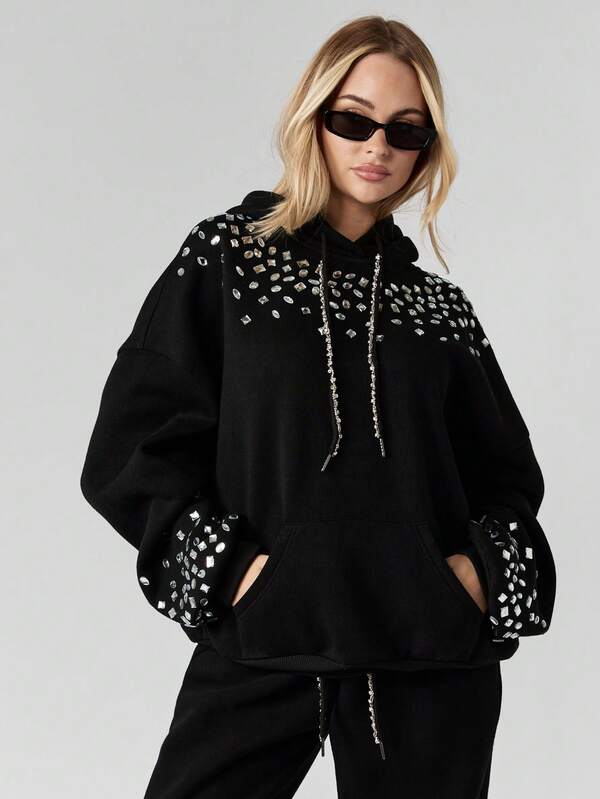 MISSGUIDED Embellished Hoodie With Rhinestone Details