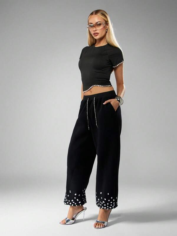 MISSGUIDED Embellished Joggers With Sequin Hem Detail
