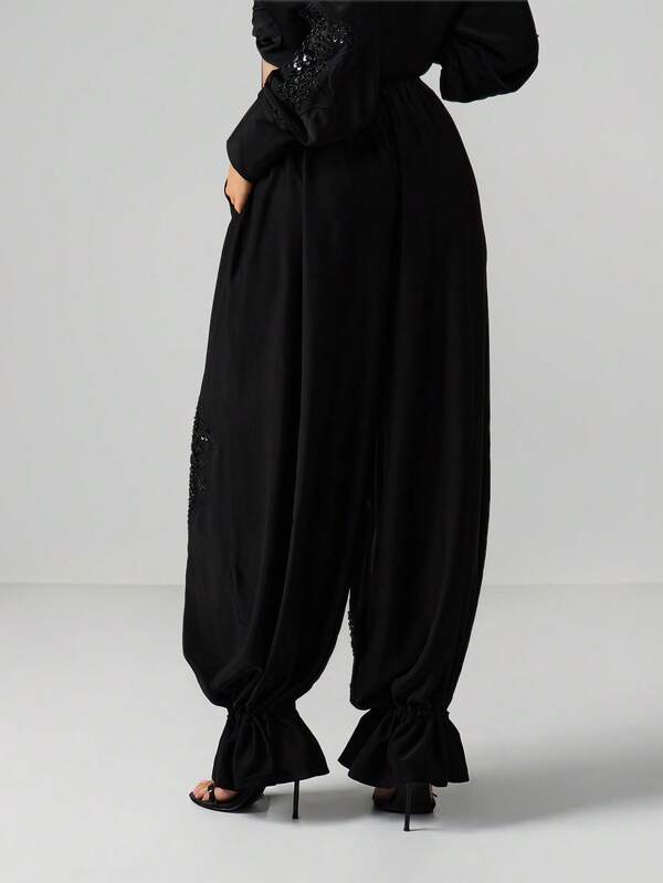 MISSGUIDED Embellished Satin Balloon Trousers With Ruffle Hem
