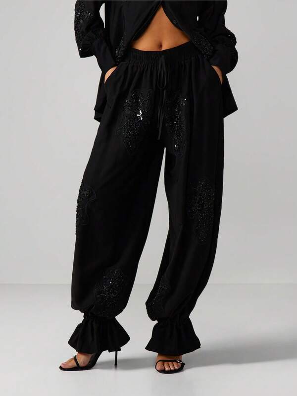 MISSGUIDED Embellished Satin Balloon Trousers With Ruffle Hem