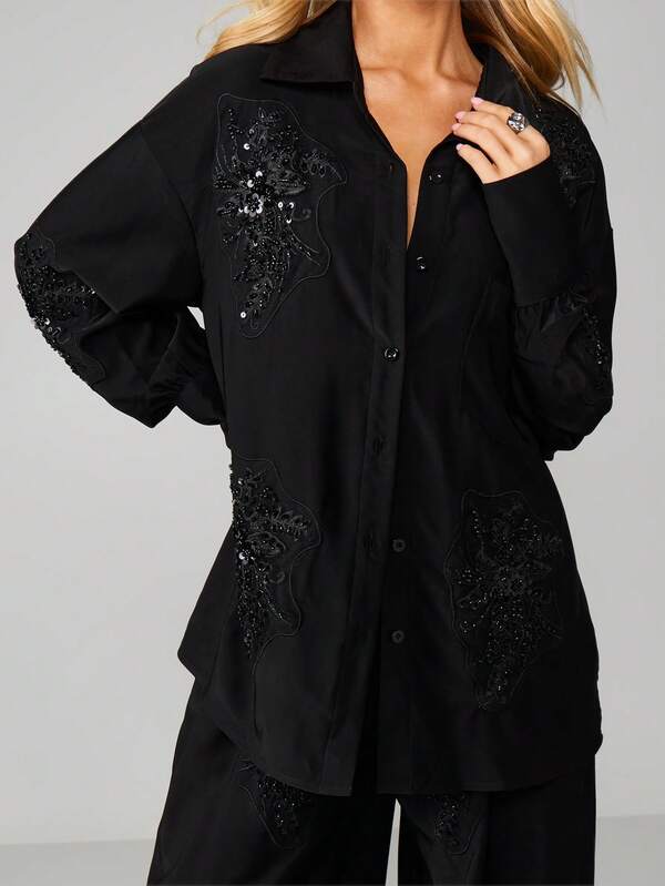 MISSGUIDED Embellished Satin Shirt With Sequin Details