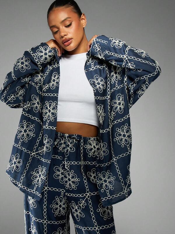 MISSGUIDED Embroidered Chain Floral Coord With Wide Leg Pants