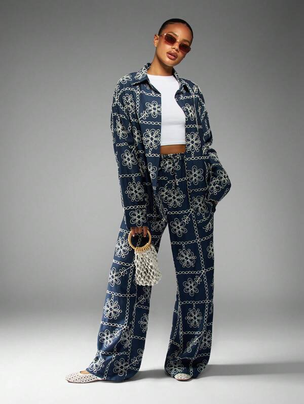 MISSGUIDED Embroidered Chain Floral Coord With Wide Leg Pants