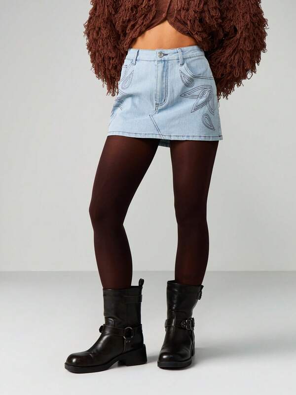 MISSGUIDED Embroidered Denim Mini Skirt With Paisley Pattern