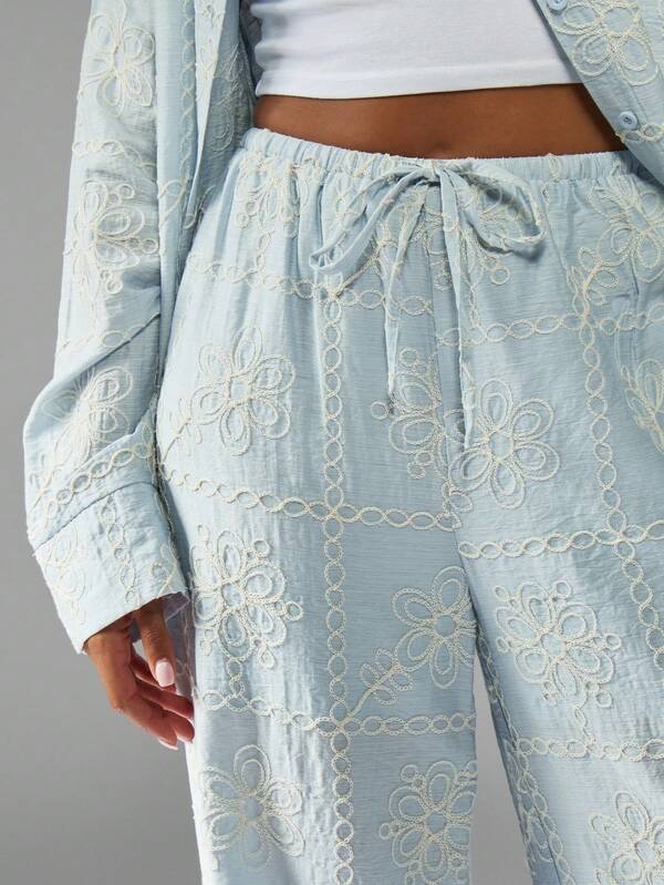 MISSGUIDED Embroidered Floral Shirt And Wide Leg Palazzo Pants Set