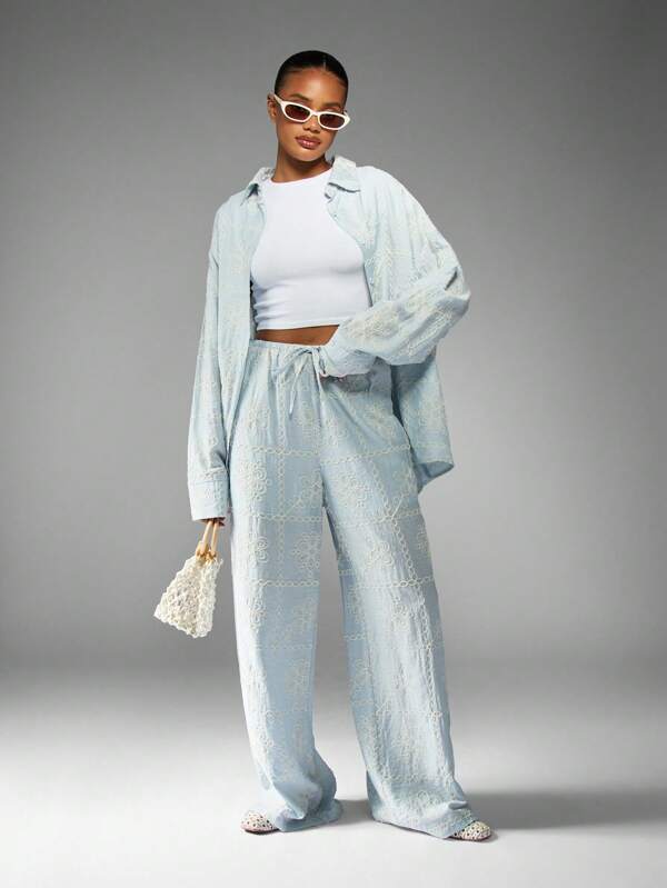 MISSGUIDED Embroidered Floral Shirt And Wide Leg Palazzo Pants Set