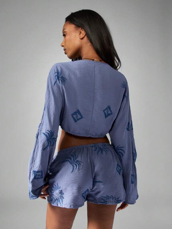 MISSGUIDED Embroidered Linen Feel Co-Ord Set With Palm Design