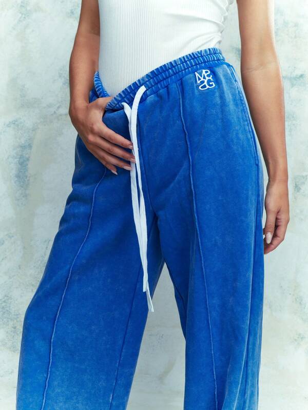 MISSGUIDED Embroidered Logo Denim Look Wide Leg Drawstring Sweatpants