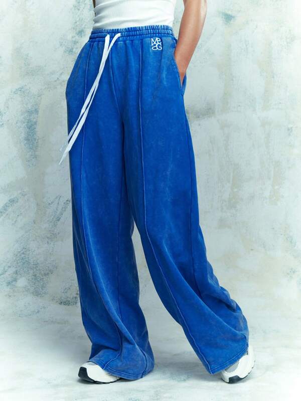 MISSGUIDED Embroidered Logo Denim Look Wide Leg Drawstring Sweatpants