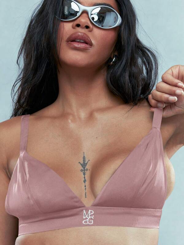 MISSGUIDED Embroidered Logo Satin Triangle Bra Top