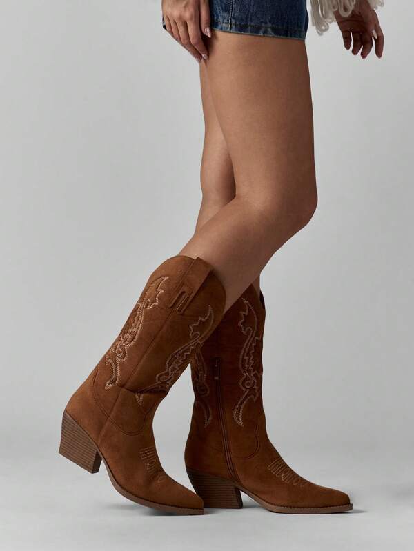 MISSGUIDED Embroidered Suede Western Boots With Block Heel