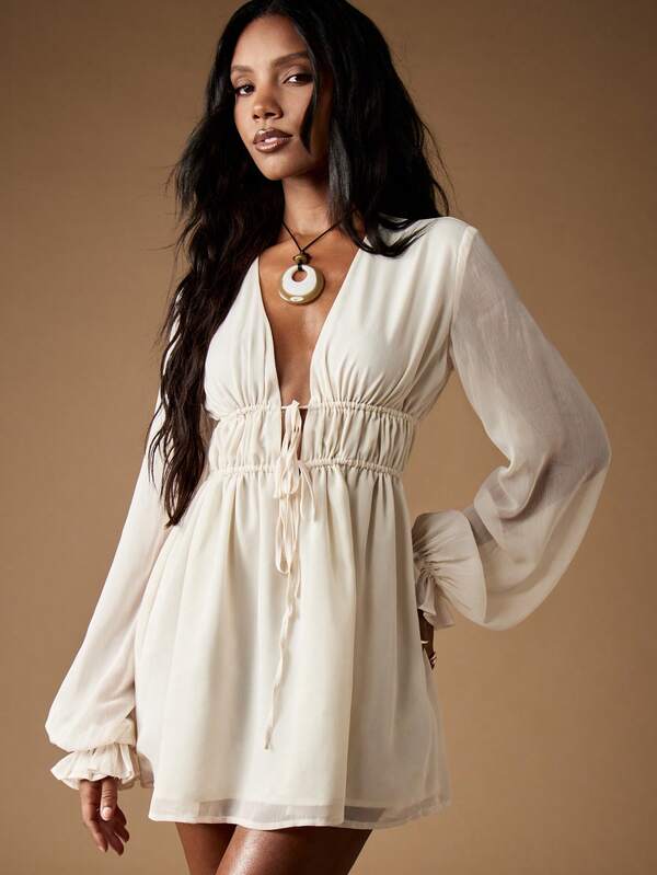 MISSGUIDED Empire Waist Chiffon Mini Dress With Balloon Sleeves And Plunge Neck