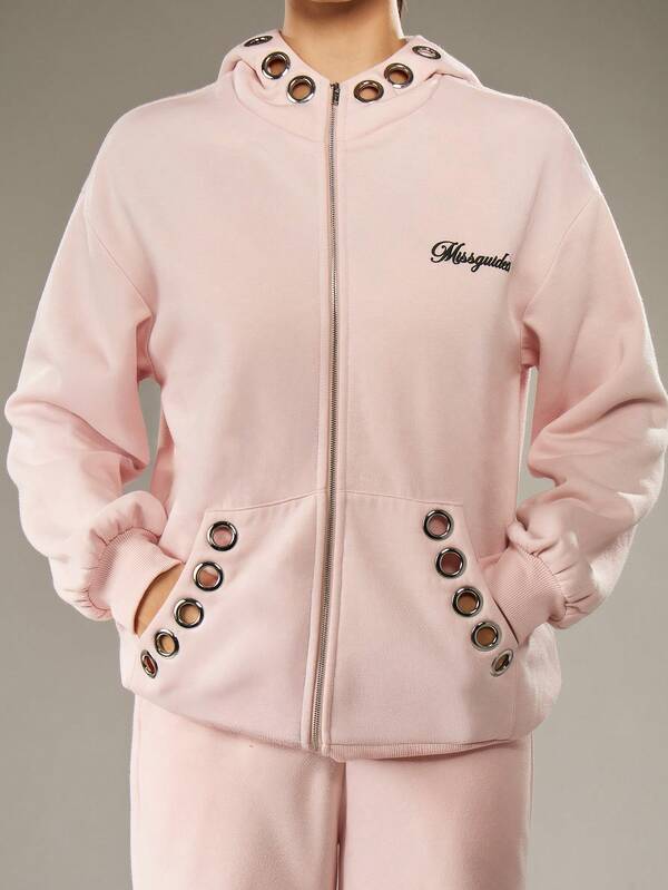 MISSGUIDED Eyelet Detail Full Zip Hoodie With Drawstring