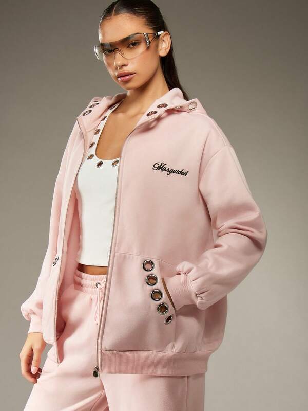 MISSGUIDED Eyelet Detail Full Zip Hoodie With Drawstring