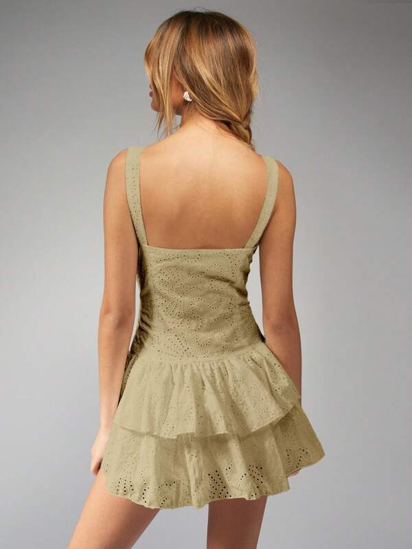 MISSGUIDED Eyelet Lace Square Neck Tiered Ruffle Skirt Mini Dress