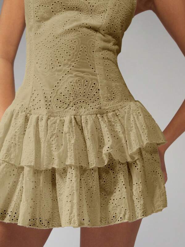 MISSGUIDED Eyelet Lace Square Neck Tiered Ruffle Skirt Mini Dress