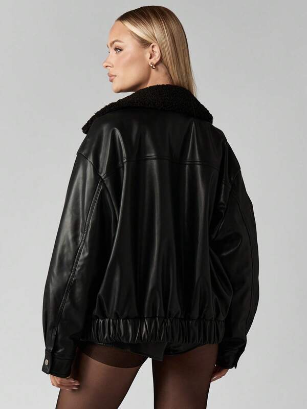 MISSGUIDED Faux Leather Bomber Jacket With Sherpa Collar