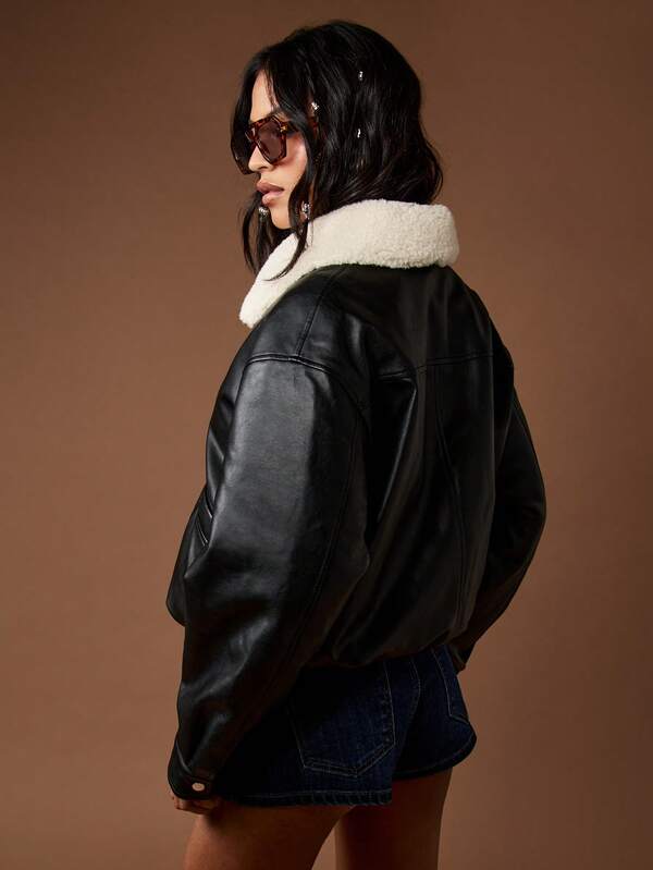 MISSGUIDED Faux Leather Bomber Jacket With Sherpa Collar